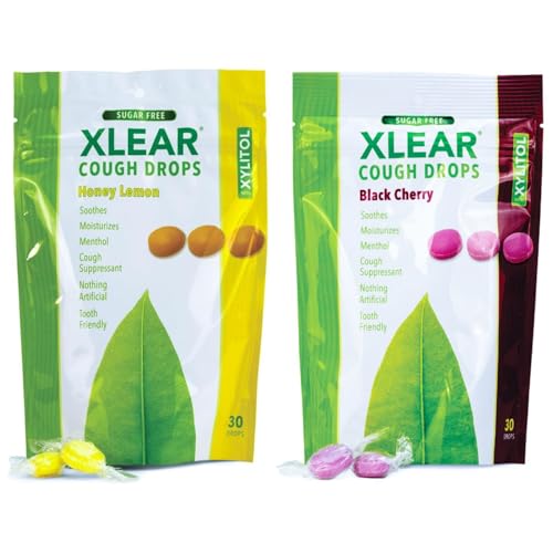 Xlear Xylitol Sugar-Free Cough Drops for Adults and Kids Sugarless Dry Mouth Lozenges for Sore Throat Relief Non-GMO Gluten-Free Natural Black Cherry and Honey Lemon 30 Count Each (Variety Pack)
