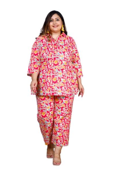 swasti Women Pink Cotton Floral Print Plus Size Co-Ord Set-picture-17