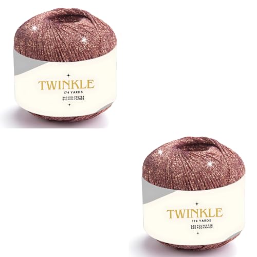 Image of Pack 2 Twinkle Metallic Glitter Yarn Sparkle Fine 1 Light Fingering Weight Worsted Gold Silver for Crochet Knitting, 25g 0.88oz, 175yard Soft Craft Shawls Bags Lurex (Rose Shimmer, Pack 2)