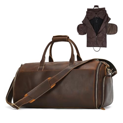Travel Bags Leather Folding Suit Bag Man Business Travel Bag With Shoe Pocket Clothes Cover Luggage Duffel(Coffee2)