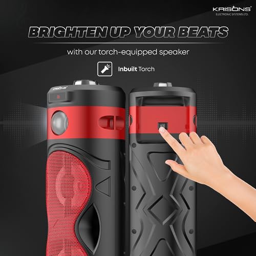 Image of Krisons Cylender 111 50W Portable Speaker with 4 inch X2 / Double Woofers, in Built Torch, Remote Control with Bluetooth, FM, USB, Micro SD Card and AUX Connectivity (Red)
