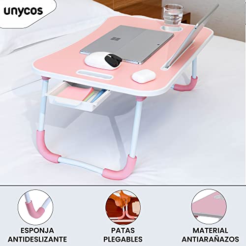 unycos - Bandeja para Cama, Mesa Plegable de Desayuno, Ideal para Portátil, Ordenador y Libros, Ergonómica, Mesa Auxiliar con Atril para Leer en la Cama 60x40x26 cm (Rosa con Cajón) - imagen 5