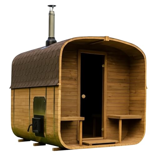 Gardj Fasssauna Garten Outdoor Sauna aus nordischer Fichte – Verschiedene Größen (2–6 Personen) – Wahlweise mit Holz- oder Elektroofen – Inkl. Zubehörset (QL 240 cm, Quadratische, Holzofen)