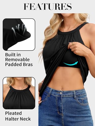 V FOR CITY Women's Halter Tank Top with Built in Bra Flowy Pleated Camisole Top Summer Sleevless Cami Shirt2