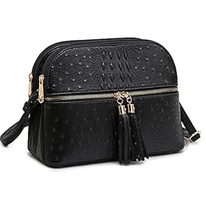 Dasein Women Tassel Zipper Pocket Crossbody Bag Shoulder Purse Fashion Travel Bag with Multi Pockets(Ostrich Black)