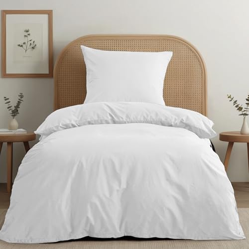 Dreamzie Bettwäsche-Set 135x200 aus Baumwoll-Perkal – Weiß – Bettbezug 135x200 und 2X Kissenbezug 80x80 cm – Oeko-Tex Zertifiziert