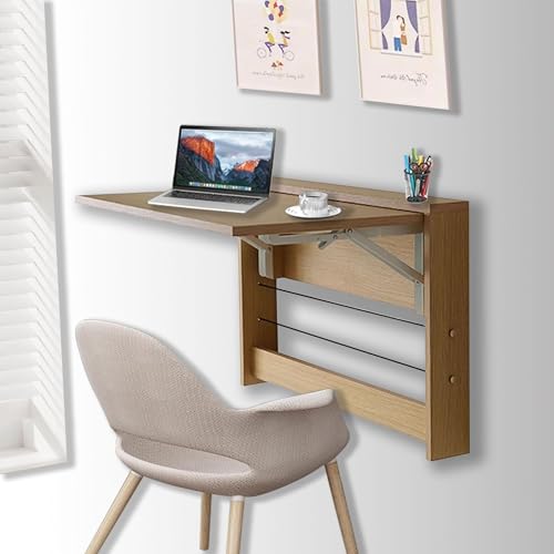 SKVSKV Wall Mounted Folding Table, Floating Wall Desk Fold Down for Small Spaces, Wall Mount Desk for Home Office Computer Workstation,Study Work Bench, Kitchen Dining (24.8 * 16.3inch, Wood Color)