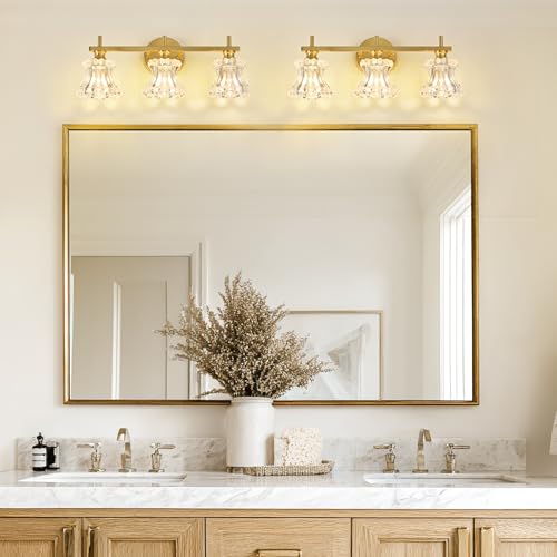 Image of Gold Bathroom Light Fixture 3-Lights Vintage Vanity Lights | Easy Installation,Elegant Clear Glass Shades,Wall Mount Up or Down