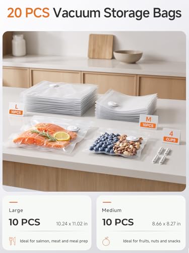 Image of FEPPO Reusable Vacuum Sealer Bags for Food, 20 PCS (10 Medium 8.3 inchx8.7 inch + 10 Large 10.2 inchx11 inch) BPA-Free Food Storage Bags with Air Valve, Leak-Proof & Odor-Resistant for Freshness Preservation