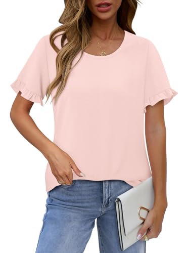 CRAZY GRID Women's Shirts Summer Casual Crewneck Ruffle Short Sleeve Blouses Cute Floral Print Tunic Tops
