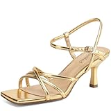 Women's Sandals Square Open Toe Kitten Heels Strappy Ankle Strap Heeled Sandals for Women Comfy Weddings Shoes Gold 8