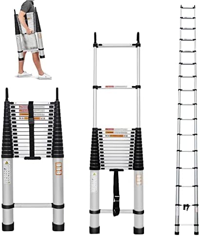 Telescoping Ladder 20FT Aluminum Telescoping Extension Ladder with Roof Hooks, 2.8Inch Detachable Hooks Prefect for Home Or Outdoor Rooftop, Collapsible Ladder Attic Ladder Rv Ladder 330lb Capacity