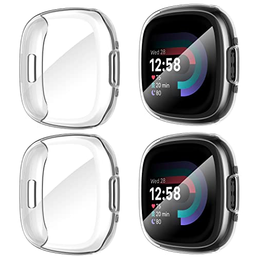 Suoman Diruite 4-Pack Cover for Fitbit Versa 4/Sense 2 Screen Protector Case,HD Shockproof Soft TPU Full Protection Scratch-Resistant,Clear&Clear&Clear&Clear
