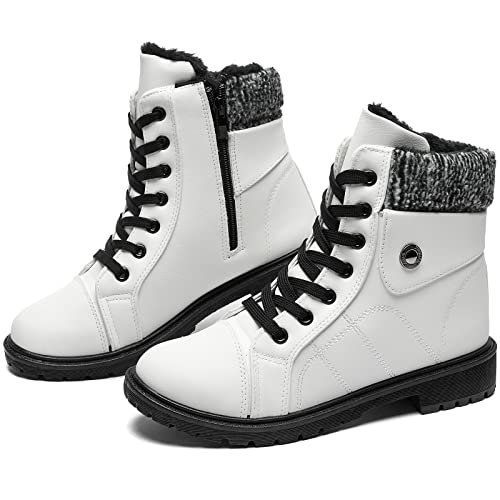 FRACORA Women's PU Leather Combat Boots Warm Fur Lined Black Ankle Booties Side Zipper White Boots Non-slip Waterproof Winter Boots(White.US8)