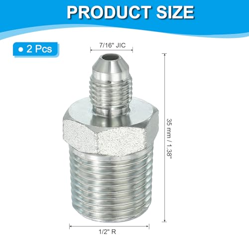 Image of PATIKIL Pipe Adapter Connector 7 /16 inch Male 74 Flare JIC x 1 /2 inch Male R Pipe Fitting 2 Pcs Oil Feed Restrictor Fitting Hydraulic Connector for Oil Steam Water Pipelines System