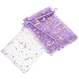 HEANUJJ 50 Bolsas de Obsequio de Organza Lavanda Diseño de Estrella y Luna, Tamaño 10x15 Cm, Fáciles de Cerrar y Portátiles para Joyería y Pequeños Objetos en Viajes
