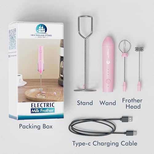 Rechargeable Milk Frother Wand with Stand, Foam Maker with Stainless Whisk, 3-Speeds Electric Handheld Drink Mixer for Coffee, Cappuccino, Latte, Matcha, Hot Chocolate (Pink)