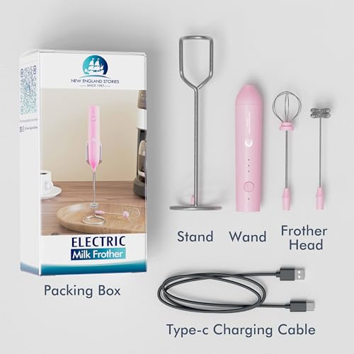 Rechargeable Milk Frother Wand with Stand, Foam Maker with Stainless Whisk, 3-Speeds Electric Handheld Drink Mixer for Coffee, Cappuccino, Latte, Matcha, Hot Chocolate (Pink)