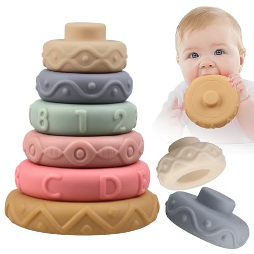 Image of Stacking Rings Soft Toys for Babies 6 Months and up Old Girls Boys - Toddlers Sensory Educational Montessori Baby Blocks - Developmental Teething Learning Stacker - Baby Teething Toys