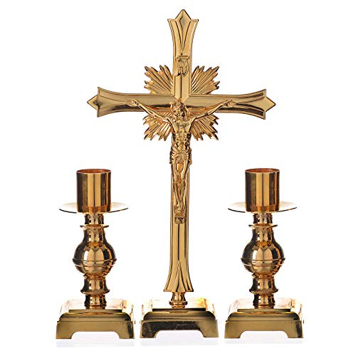 Altar Set with Crucifix and 2 candlesticks in Gold-Plated Brass