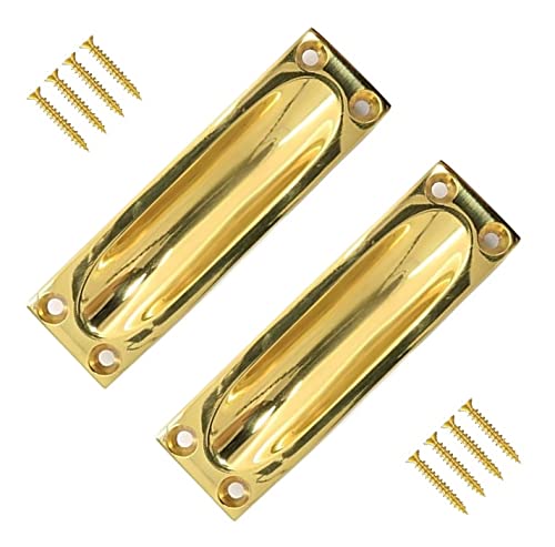 TERF® Traditional Vintage Polished Brass Flush Pull Door Handle 90mm Sliding Door Flush Handle with Fixing Screw for Drawer Cabinet Wardrobe Sliding Door and Multi Use - Pack of 2