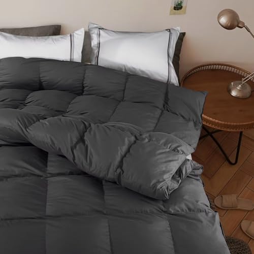 SNOWMAN Premium Down Comforter Queen Size, Luxurious Heavyweight Duvet Insert with Cotton Blended Fabric, 46oz Fill Weight 3D Baffle Box Design Medium Warm Hotel Bedding Comforter (Dark Grey,90"x90")