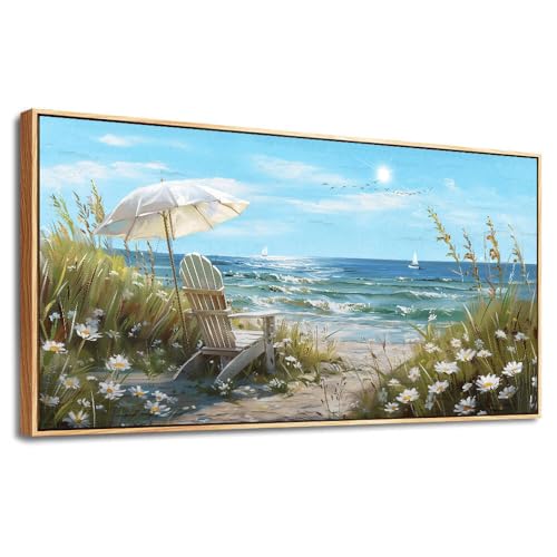 ERQINHUA Large Wall Decor For Living Room Canvas Wall Art For Restaurant Office Decorations Blue Sea Ocean Paintings Beach Chair Wall Pictures Modern Home Decor Ready To Hang Wood Framed 20x40 In