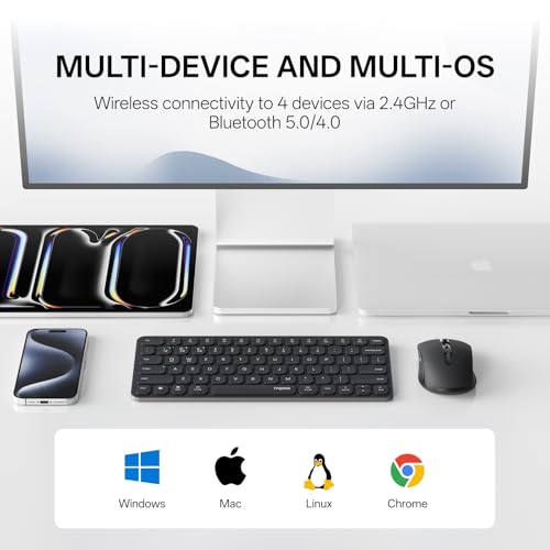 Image of Rapoo 9050S Multi-Device Keyboard and Mouse Combo, 2.4GHz /Bluetooth 5.0 /4.0 Wireless Keyboard & Mouse Set for Windows /Mac /Linux /Chrome, Support 4 Devices, Rechargeable, Silent Click, Black