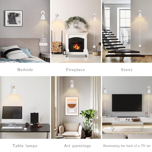 Image of Wall Sconce Set of 2, Wall Sconce with Metal Shade, Plug Switch, Indoor Decor Wall Mount Swing Arm Lamp for Bedroom,Hallway,Living Room,Reading, White