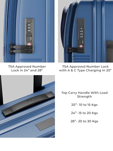 Image of EUME Aerotop Cabin, Checkin Medium & Large Trolley Bag Set of 3 | Space Saving Top Open Suitcase | Expandable Hard Polycarbonate Luggage | TSA Lock, Anti Theft Zipper, Silent Wheels | Tropical Blue