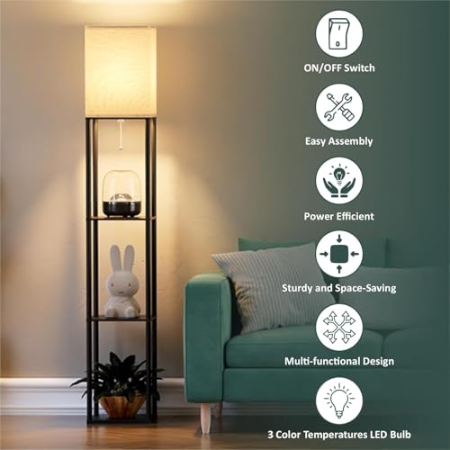 Image of 4 Tier Metal Floor Lamp with Wooden Shelves /Standing lamp with 3 Adjustable Color Mode /Corner Bright Lamp for Decoration /Energy Efficient Night Lamp for Bedroom /Living Room /Home Decor (Black)