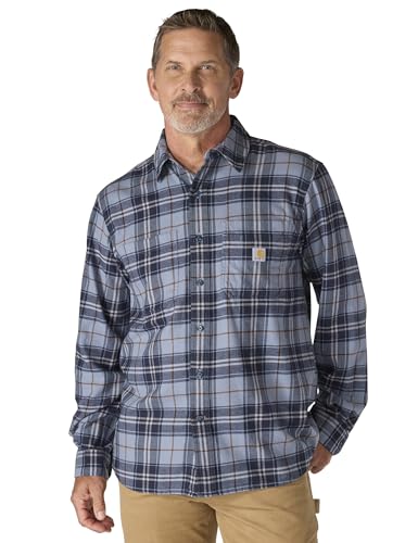 Carhartt Men's Rugged Flex Relaxed Fit Midweight Flannel Long-Sleeve Plaid Shirt, Light Faded Navy, X-Large