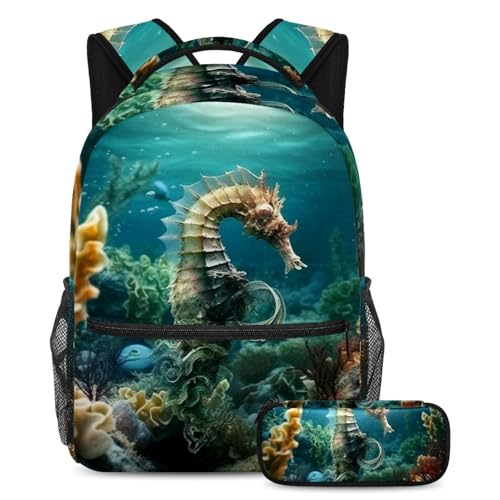 Sac à dos hippocampe sous-marin avec trousse assortie pour écoliers, grand modèle Seaworld
