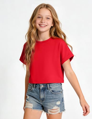 Image of Girls Crop Tops Short Sleeve T-Shirts for Girl Crew-Neck Basic Tee Size 7-14 Years