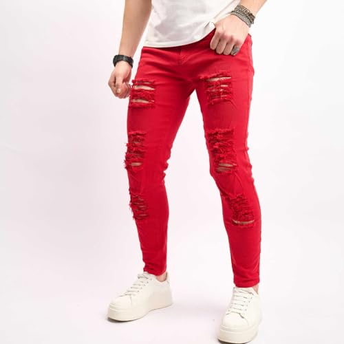 Jeans Pants Trousers Denim Stretch Slim Fit Perforated Trendy Street Worn Hole Red Retro White Tapered Casual Tight for Men4
