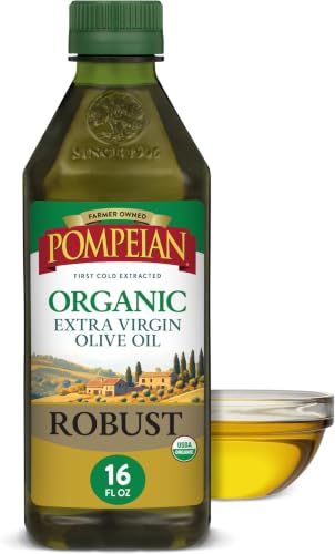 Pompeian Robust Organic Extra Virgin Olive Oil - 16 Fl Oz - First Cold Pressed Olive Oil for Cooking - Full-Bodied Taste for Dressings and Marinades (Pack of 5)