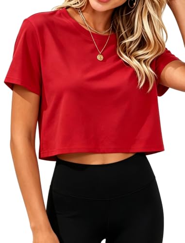 Image of Womens Crop Tops Summer Short Sleeve Round Neck T-Shirts Loose Fit Blouse