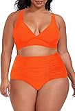 Sovoyontee Women's 2 Piece Plus Size High Waisted Swimsuit Bathing Suit Neon Orange XL