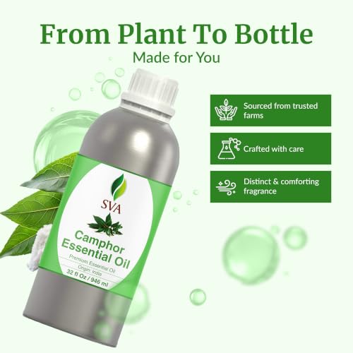 Image of SVA Camphor Essential Oil, Huge Bottle, Large Size, 32 Fl Oz (946 ml) | Camphor Oil for Diffuser, Humidifier, Steam, Spray, Body Massage, Hair, Skin, Soap Making, Candle Making & DIY Blending