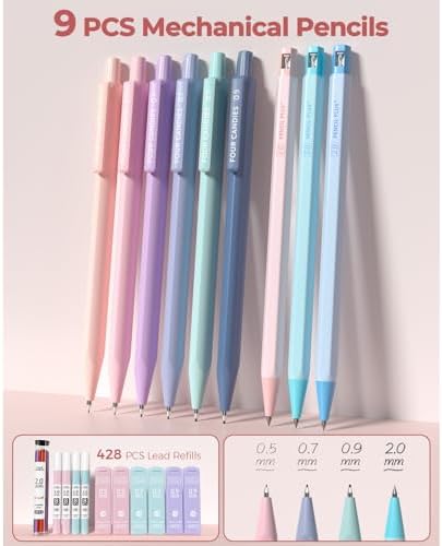 Four Candies 56 PCS Aesthetic School Supplies with Large Pencil Case, 6 Colored Ballpoint Pens, 12 Pastel Highlighters, 5 Black Ink Gel Pens, 9 Mechanical Pencils 0.5-2.0mm Student Essentials (Pink) 4