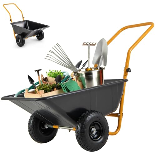 TANGZON 2-Wheeled Garden Wheelbarrow, 330LBS Heavy-Duty Utility Garden Cart with Foldable Handlebar, Pneumatic Tires, Yard Lawn Easy Loading Dumping Tipping Carts for Moving Soil (Black+Yellow)