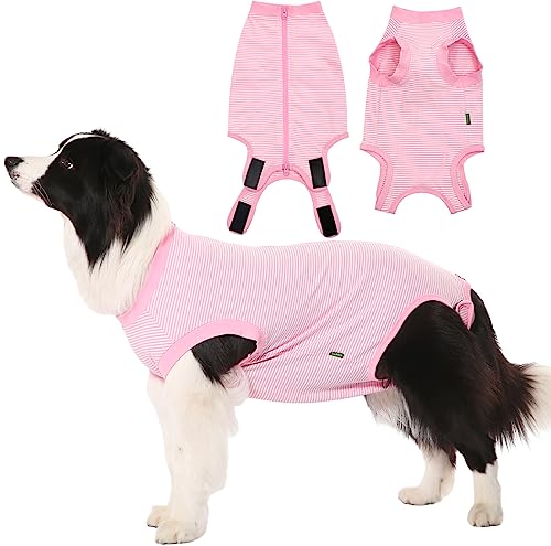 Image of Dog Recovery Suit Pink Female Spay Surgical Large Shirt, Male Surgery Recovery Suit,Pink-White Striped XL