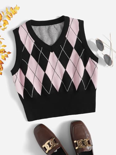 Image of SweatyRocks Women's Geometric Pattern Sweater Vest V Neck Sleeveless Preppy Style Crop Tank Top