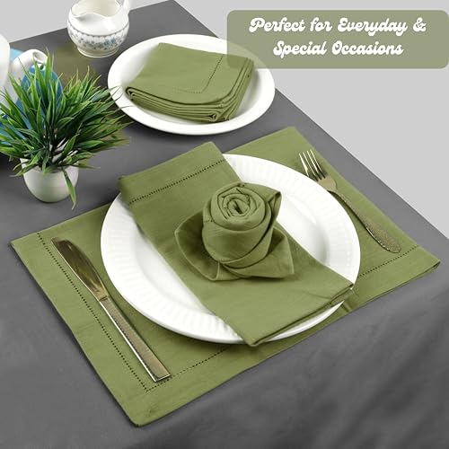 Image of FINGERCRAFT Hemstitched Cotton Table Napkins - Set of 12, 20x20 Inch, 100% Cotton Cloth Napkins with Faggoting Stitching - Durable & Elegant for Parties, Hotels, Everyday Use (Olive Slub)