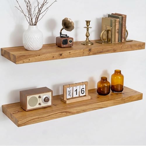 Image of Dreamland Rustic Elm Woood Floating Shelves for Wall Decor, 30 inch W x 8 inch D x 1.5 inch H Floating Shelves Set of 2, Wall Mounted Deep Wooden Shelf for Living Room, Bedroom, Kitchen, Bathroom, Natural