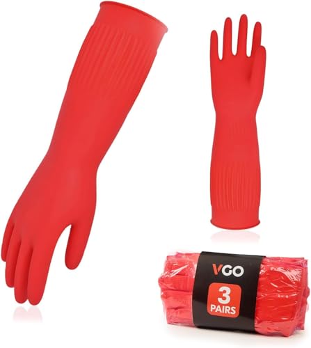 Vgo... 3 pares de guantes de limpieza para el hogar, guantes de goma para lavar los platos, extra gruesos, mangas largas (RB2143)