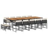 Kaorsrow 15-Piece 14-Seater Garden Dining Set with Rectangular Solid Acacia Wood Table, Black Poly Rattan Chairs and Stools, Large Outdoor Patio Furniture for Terrace Gatherings