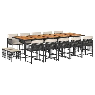 Kaorsrow 15-Piece 14-Seater Garden Dining Set with Rectangular Solid Acacia Wood Table, Black Poly Rattan Chairs and Stools, Large Outdoor Patio Furniture for Terrace Gatherings