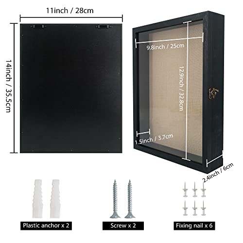 Image of GraduationMall 11x14 Wood Shadow Box Frame Glass Door Display Case with Linen Back and 6 Stick Pins,1.5 inches Interior Depth,Ideal for Memorabilia Pictures Flowers Medals Tickets Rustic Black