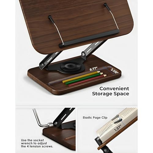 Image of Sunchhaya New Book Stand for Reading, Writing, Painting and Used As Laptop Stand for Desk, 360 Degree Rotatable with Wooden Plate At Bottom Adjustable Height-Angle (R51C)